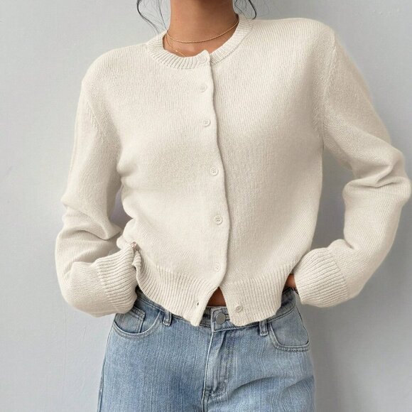 Beige Casual Women's Round Neck Long Sleeve Loose Cropped Sweater Cardigan - Picture 4 of 6